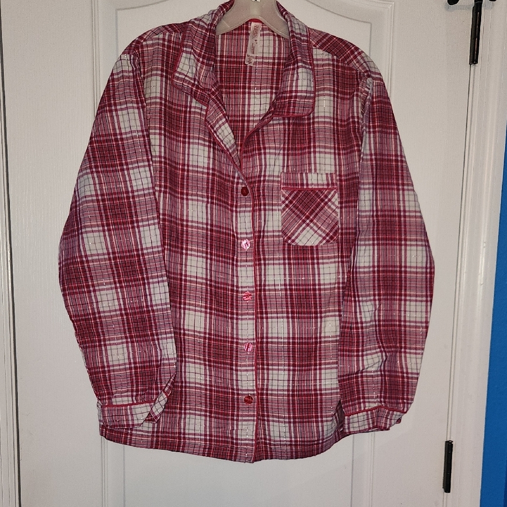 Women's Pink and White Plaid Button-Up Pajama Set